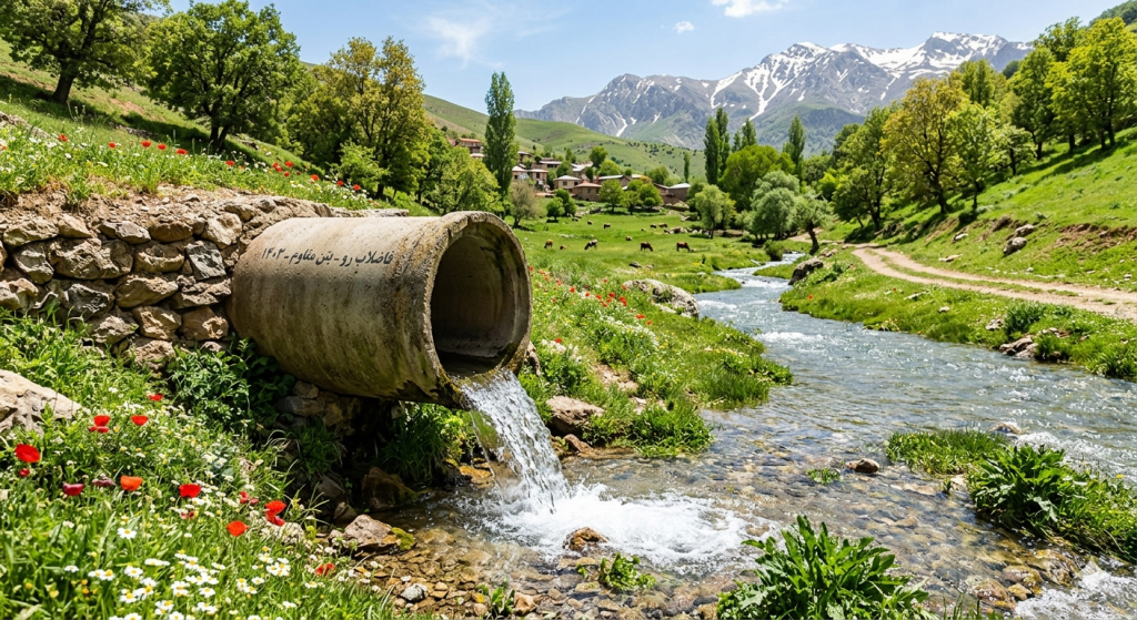لوله بتنی کار گذاشته شده در دل طبیعت در کنار رود برای انتقال فاضلاب