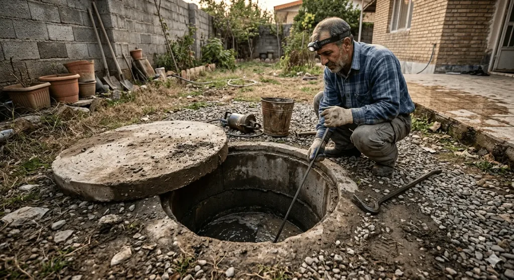 عکس فاضلاب خانگی در تصویر دارای چاه فاضلاب در حیاط خانه هست